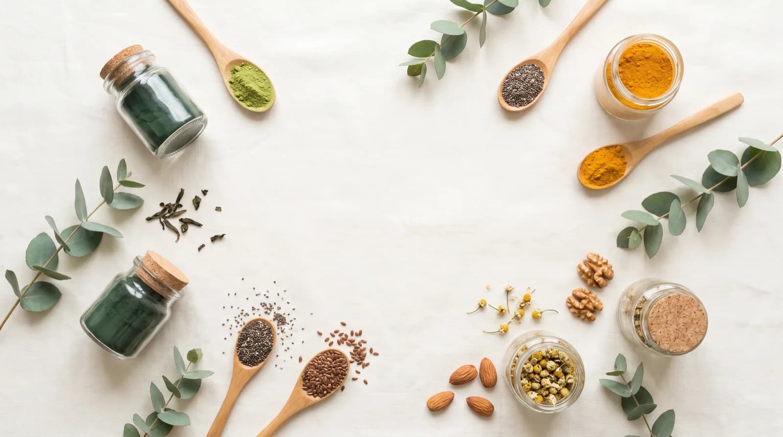 Natural health and specialty-food ingredients — matcha, superfood powders, seeds and botanicals